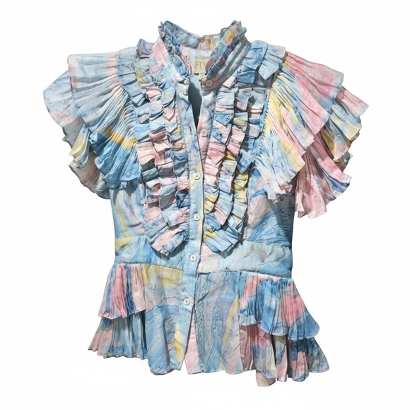 LA FUORI Tops - La Fuori Blouse Top Size Small Nautical Nomad Pleated Top Blue Pink Pastels NWT